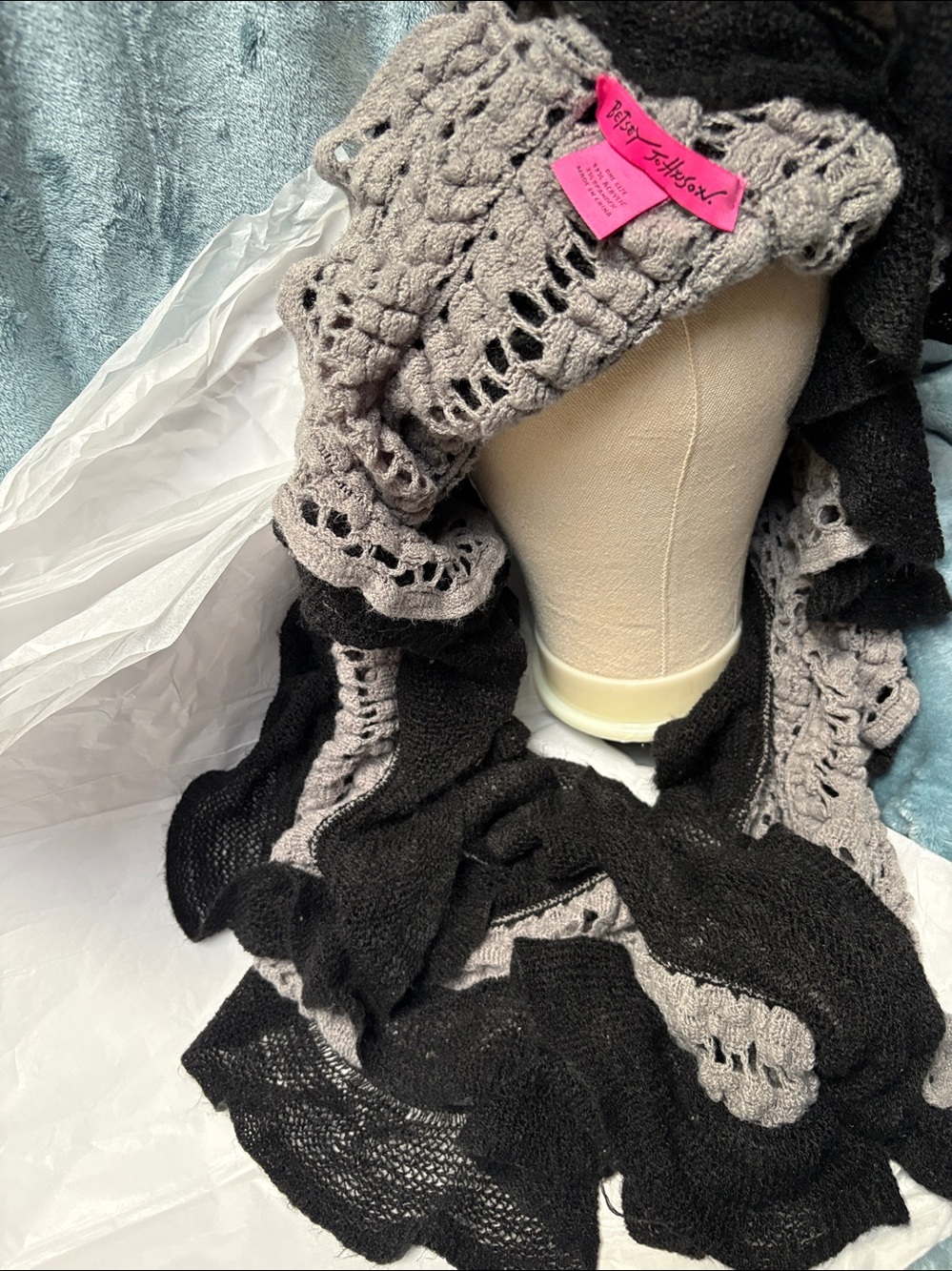 BETSEY JOHNSON Black and Gray Layered Knit Scarf - Women's Accessory